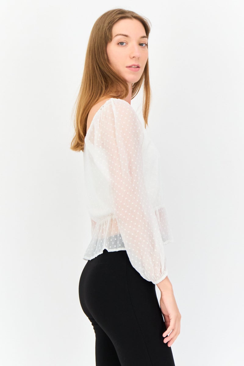 ONLY Women Square Neck Long Sleeves Embordered Top, White - Image 2