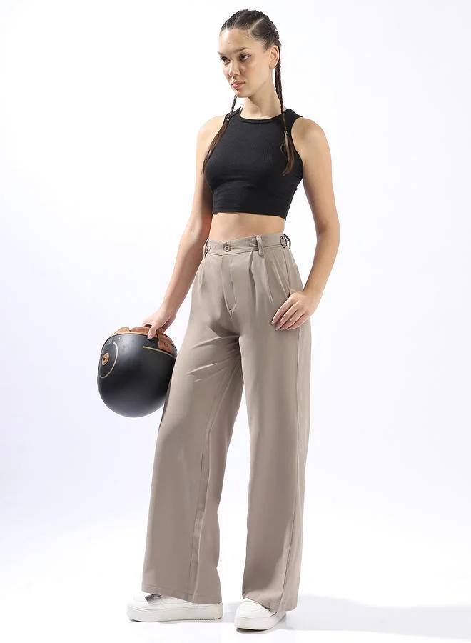 HIGH STAR Taupe Wide Leg Trousers for Women Wide Leg Fit 95% Polyester 5% Lycra Button Closure