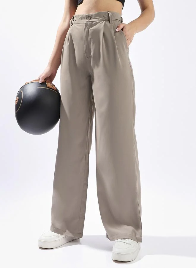 HIGH STAR Taupe Wide Leg Trousers for Women Wide Leg Fit 95% Polyester 5% Lycra Button Closure