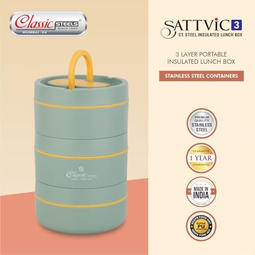 Classic Steels Sattvic Insulated Stainless Steel Lunch Box 3 Containers 350 ml Each & 1 Spoon | Microwave Safe | Leak Proof Air Tight Hot Lunch Box| Keep Your Meal Fresh and Hot Upto 4 Hours - Image 4