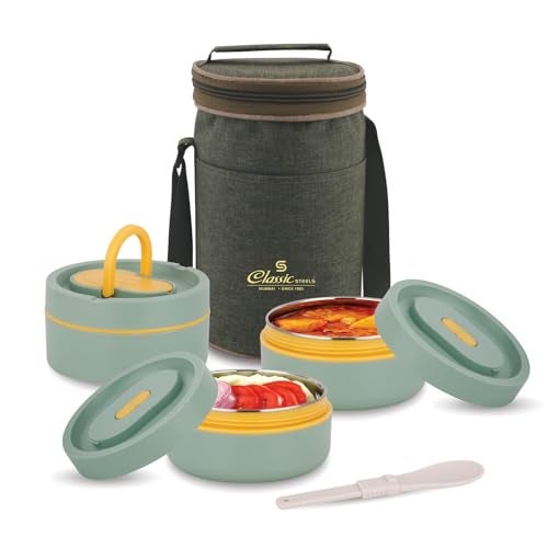 Classic Steels Sattvic Insulated Stainless Steel Lunch Box 3 Containers 350 ml Each & 1 Spoon | Microwave Safe | Leak Proof Air Tight Hot Lunch Box| Keep Your Meal Fresh and Hot Upto 4 Hours - Image 1