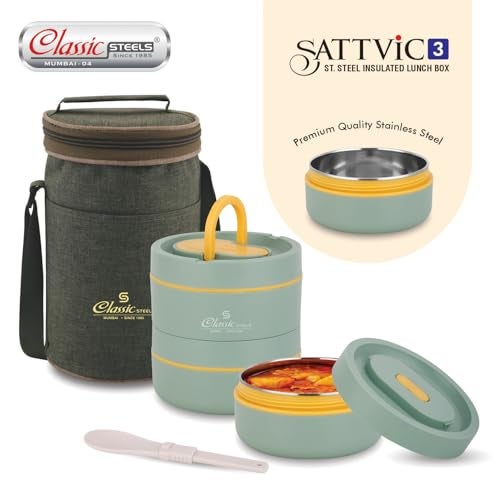 Classic Steels Sattvic Insulated Stainless Steel Lunch Box 3 Containers 350 ml Each & 1 Spoon | Microwave Safe | Leak Proof Air Tight Hot Lunch Box| Keep Your Meal Fresh and Hot Upto 4 Hours - Image 3
