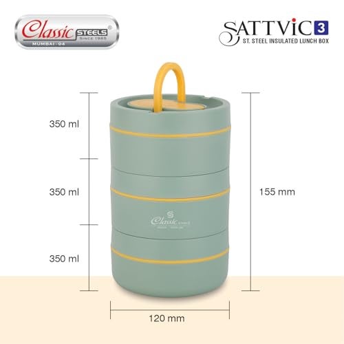 Classic Steels Sattvic Insulated Stainless Steel Lunch Box 3 Containers 350 ml Each & 1 Spoon | Microwave Safe | Leak Proof Air Tight Hot Lunch Box| Keep Your Meal Fresh and Hot Upto 4 Hours - Image 5