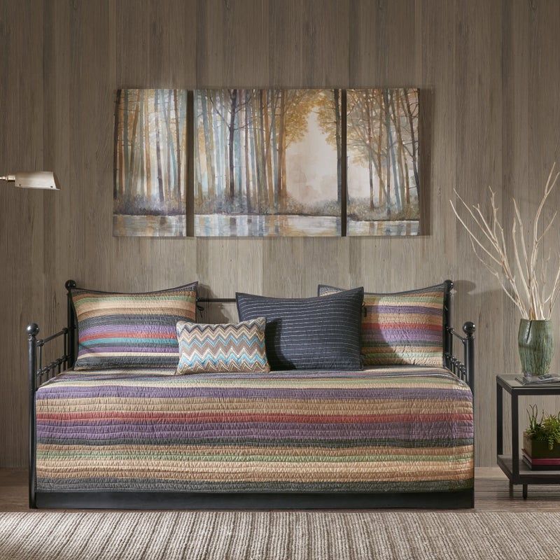 Madison Park Daybed Cover Double Sided Quilting Casual Design All Season Bedding Set with Bedskirt, Matching Shams, Decorative Pillow, 75 in x 39 in, Yosemite, Purple Teal - Image 1