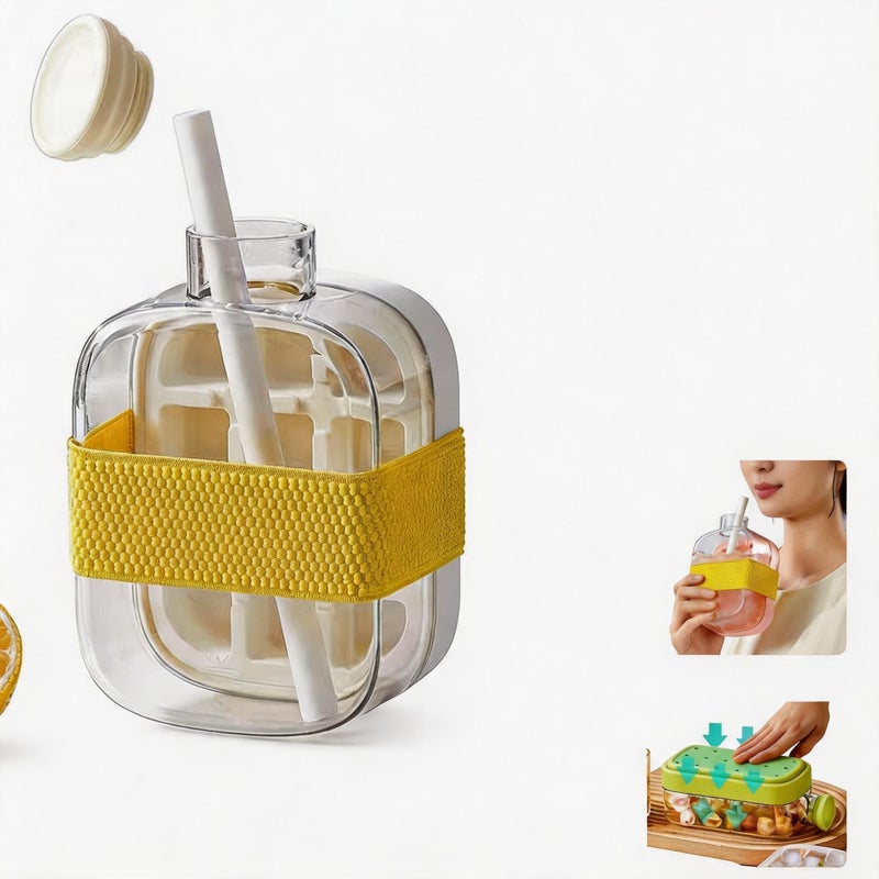 2-in-1 Ice Cube Tray Water Bottle with Straw, Easy Press Vertical Ice Maker, Leak Proof Lid, for Travel, Gym and Home Use (White, 800) - Image 1