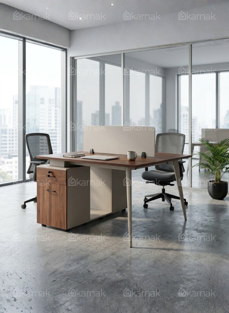 Karnak Aevar 2 Person Office Workstation Desk with Privacy Screen & Storage Drawers Computer Table for Office & Home (Walnut Khaki) - Image 2