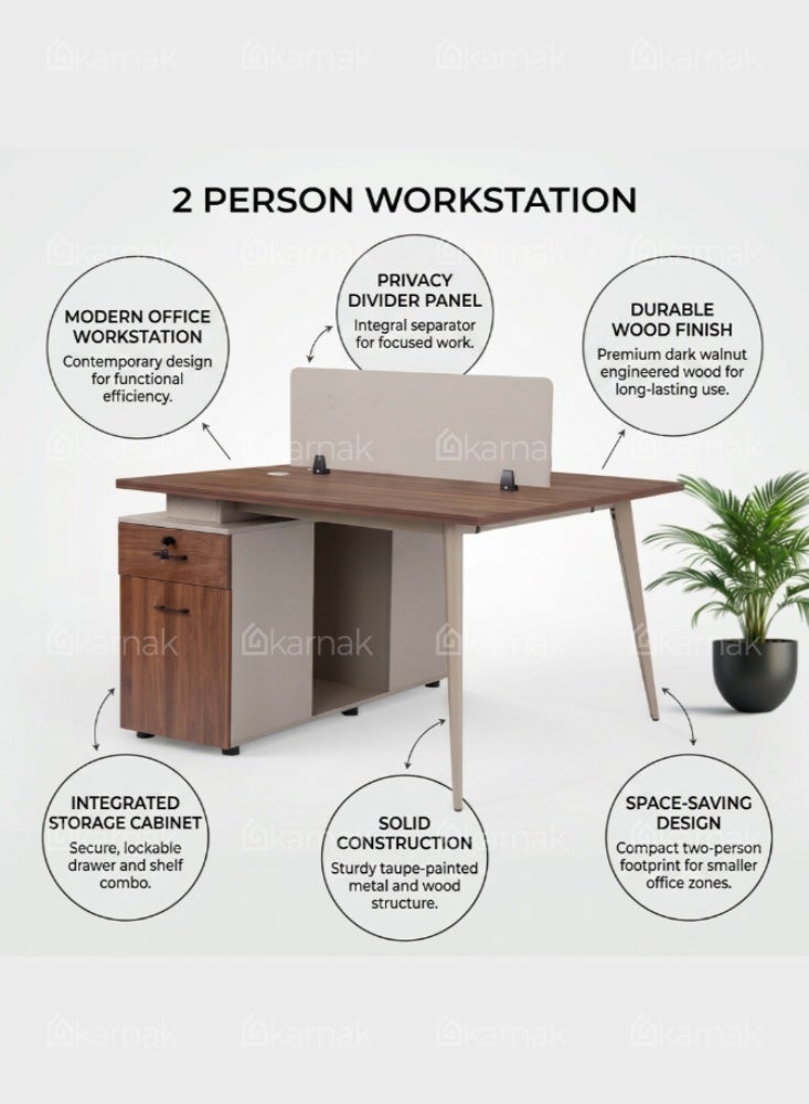 Karnak Aevar 2 Person Office Workstation Desk with Privacy Screen & Storage Drawers Computer Table for Office & Home (Walnut Khaki) - Image 3