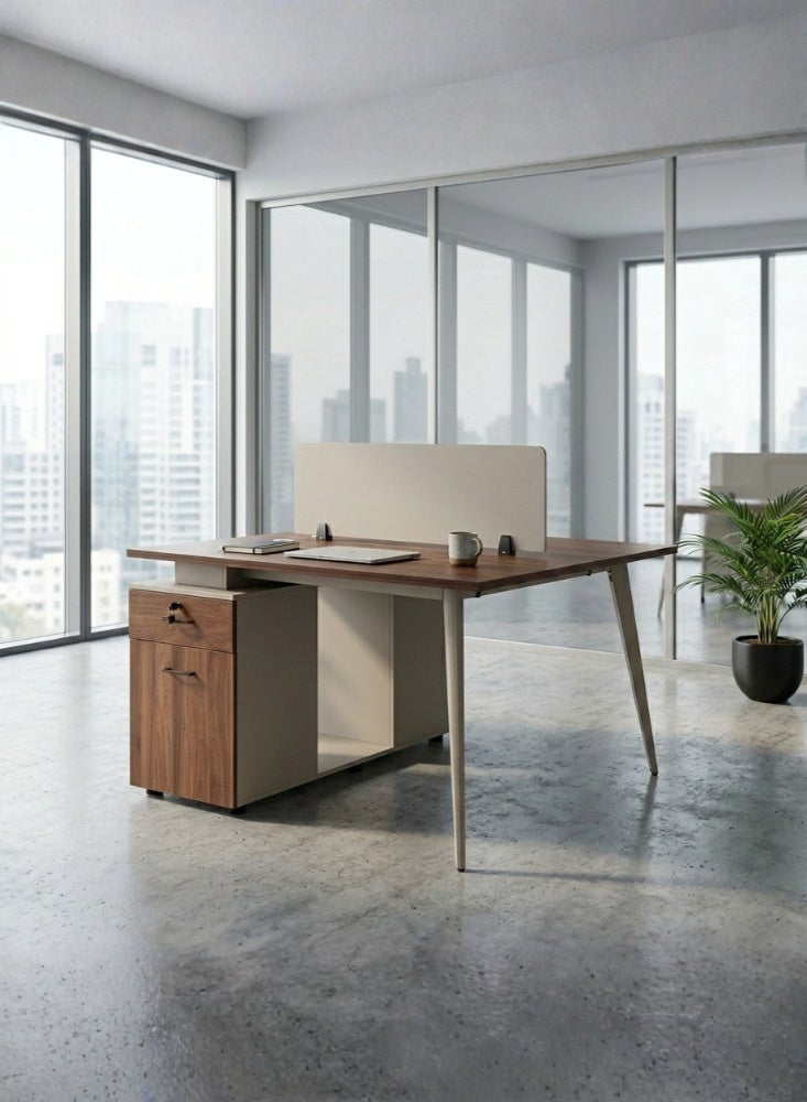 Karnak Aevar 2 Person Office Workstation Desk with Privacy Screen & Storage Drawers Computer Table for Office & Home (Walnut Khaki) - Image 1