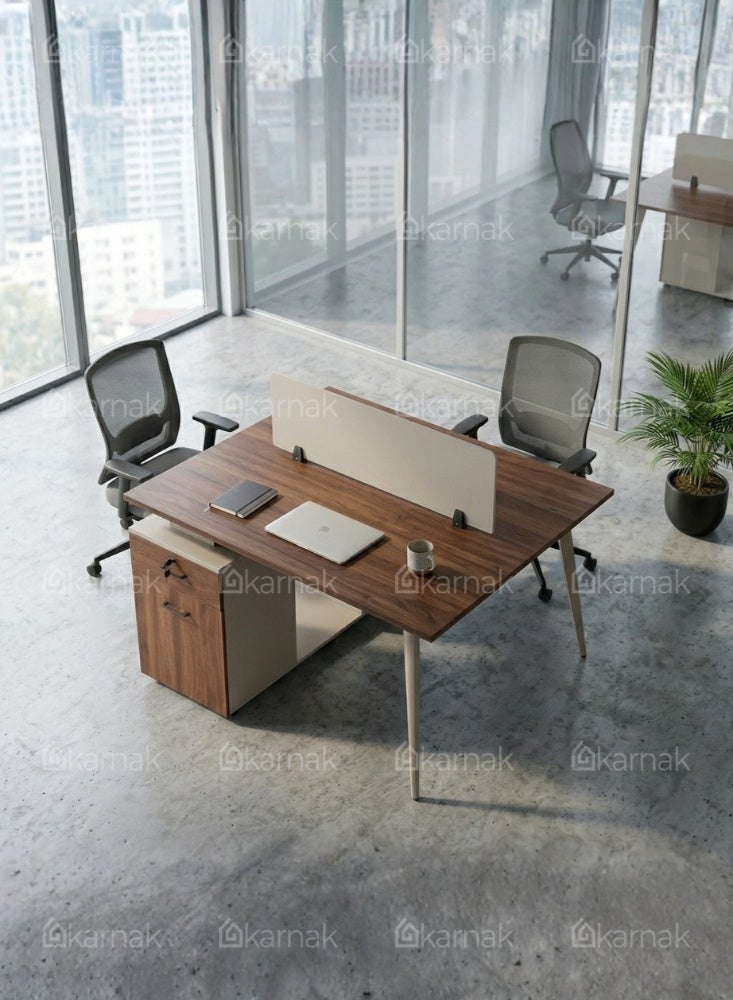 Karnak Aevar 2 Person Office Workstation Desk with Privacy Screen & Storage Drawers Computer Table for Office & Home (Walnut Khaki) - Image 4