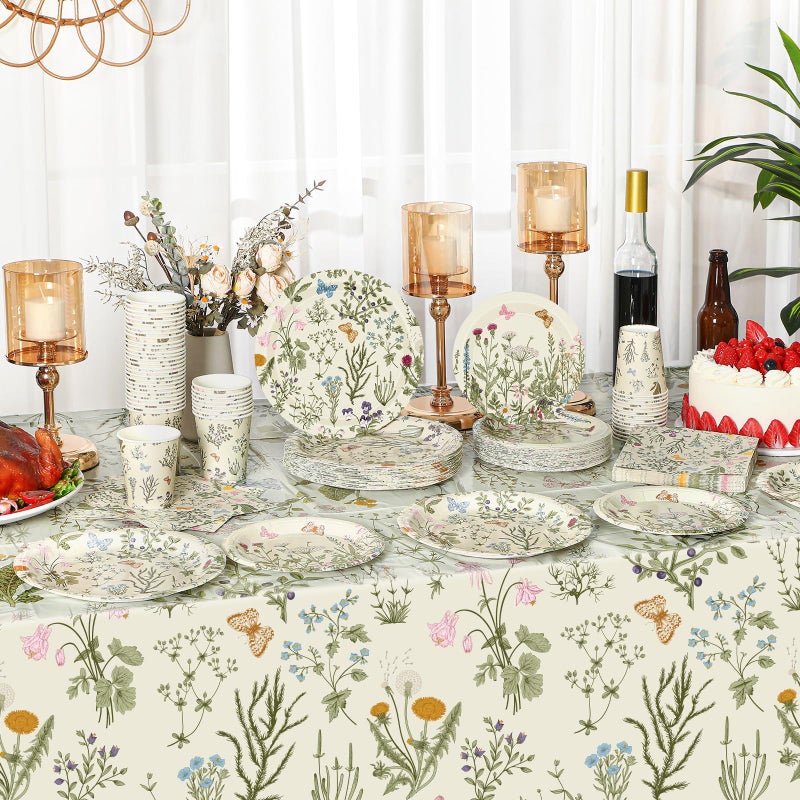 Layhit لائحة 202 قطعة لوازم تزيين حفلات الزهور أطباق ورقية من الزهور مناديل أكواب فراشة غطاء طاولة زهور برية لربيع صيف عيد ميلاد زفاف حفلة (أخضر أعشاب) - Image 4