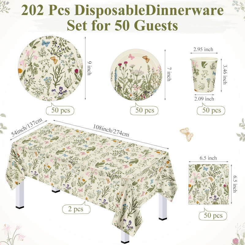Layhit لائحة 202 قطعة لوازم تزيين حفلات الزهور أطباق ورقية من الزهور مناديل أكواب فراشة غطاء طاولة زهور برية لربيع صيف عيد ميلاد زفاف حفلة (أخضر أعشاب) - Image 3