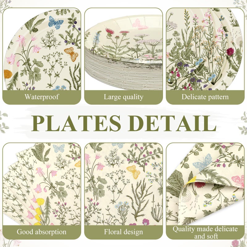 Layhit لائحة 202 قطعة لوازم تزيين حفلات الزهور أطباق ورقية من الزهور مناديل أكواب فراشة غطاء طاولة زهور برية لربيع صيف عيد ميلاد زفاف حفلة (أخضر أعشاب) - Image 2