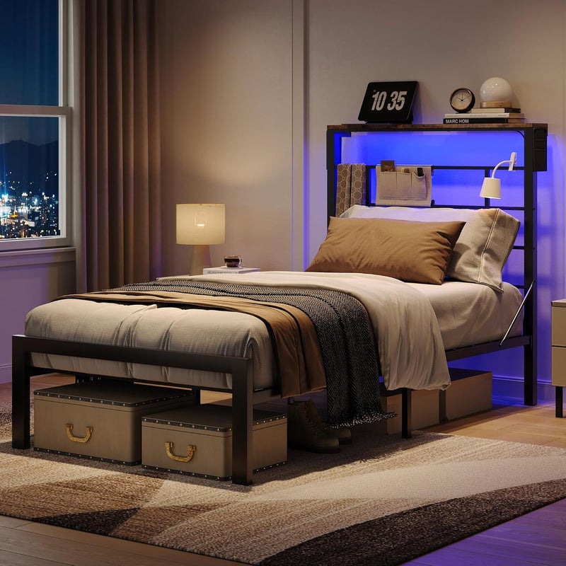 بستير إطار سرير بستير الحديث بحجم فردي مع لوح رأس عالي التخزين ورف، إطار سرير معدني منصة متين ثقيل 100×204 سم مع جيبين جانبيين مناسب للغرف النوم، أسود، خالٍ من الضوضاء - Image 5