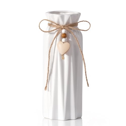 SVENJBB Elegant 8 Inch Ceramic Vase with Geometric Pattern, Decorative Vase with Jute Rope & Heart Charm for Home Décor, Table Centerpieces, and Gifts, Ideal for Living Room, Bedroom, and Office - Image 1