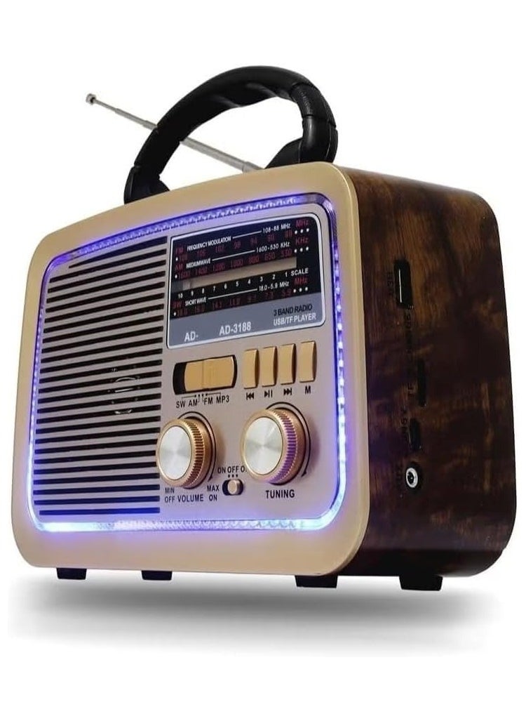 Denx DENX HIFI-Speaker with Solar Panels Radio With Bluetooth, Sd Card Slot, Usb And Aux Port, Radio FM - AM - SW Brown wood Bluetooth Portable Audio TF Card USB Flash disk Aux playback, DX2433  - Image 1