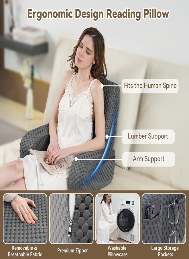 Bed Reading Pillow Back Support with Arms, Removable Pillowcase for Book Working Gaming Resting Watching TV, Gray/22in - Image 2