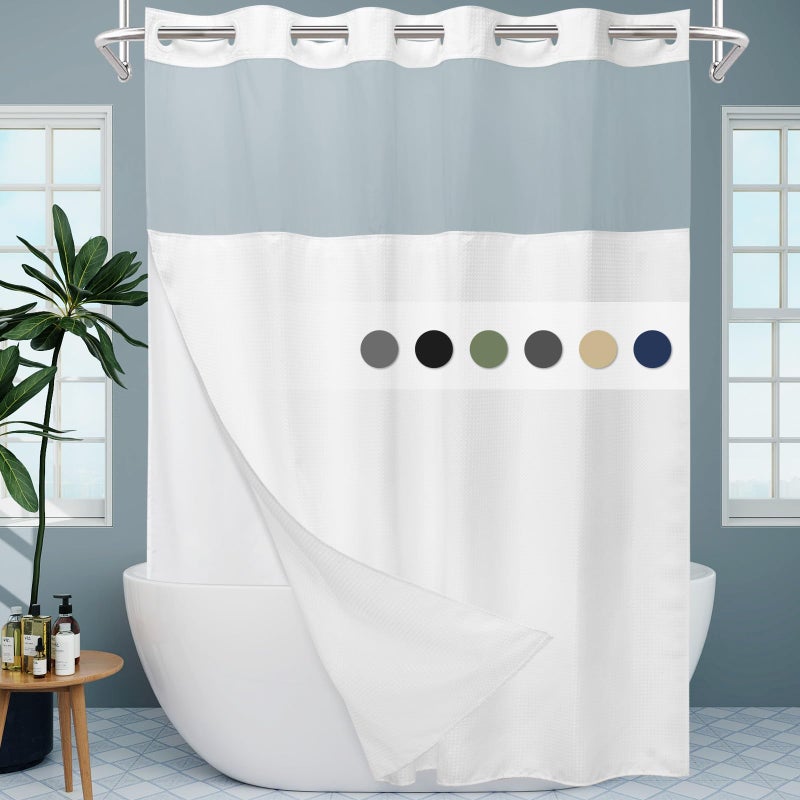 EUTXL WHITE NO HOOK SHANDER مع SNAP في بطانة 230GSM الستائر نسج Waffle Waffle للحمام 71W × 74H - Image 1