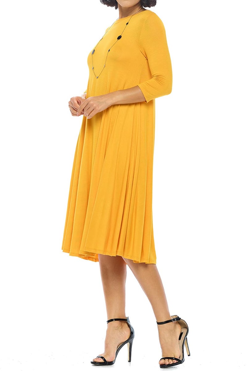 iconic luxe Women's Swing Midi Dress – 3/4 Sleeve Flowy A-Line Tunic – Soft, Stretchy, Comfortable, and Versatile Casual Dress for Everyday Wear Large Mustard - Image 4