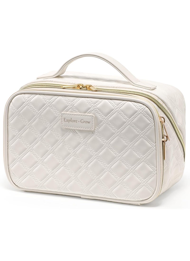 Packism - PACKISM PU Leather Travel Makeup Bag for Women - Plaid Open Flat Cosmetic Bags for Women with Compartments, Brush Holder, Large Waterproof Make Up Organizer for Travel Bathroom Cruise, Cream (L) - Image 1