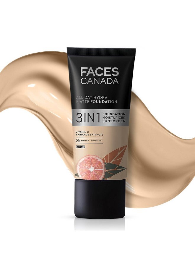 فاسيسكانادا Faces Canada All Day Hydra Matte Foundation | كريم أساس 3 في 1 + مرطب + عامل حماية من الشمس 30 | ترطيب الصبار لمدة 24 ساعة وفيتامين سي | يدوم لمدة 10 ساعات | تغطية متوسطة إلى عالية قابلة للبناء | Absolute Ivory 012 | 25 مل - Image 1