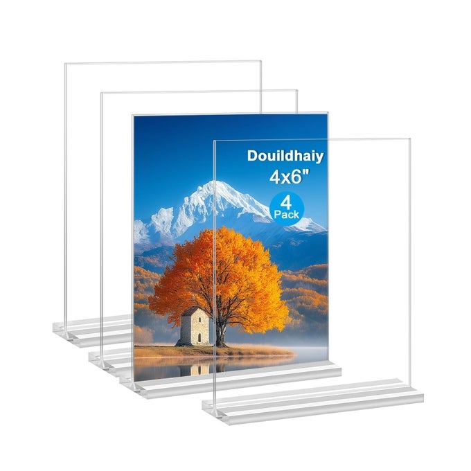 ACRYLIC PICTURE FRAME 4X6 INCHES 4 PACK CLEAR PLASTIC PICTURE FRAMES HOLDER STANDINGDOUBLE SIDED PICTURE DESKTOP DISPLAY FOR PHOTO HOME OFFICE VERTICAL
