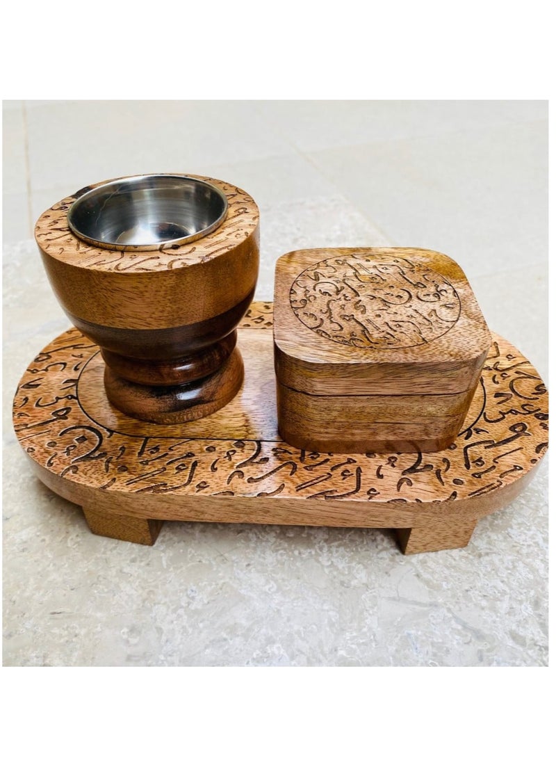A natural and elegant wooden incense burner set decorated with Arabic and Islamic engravings, ornaments, and letters. It consists of (3 pieces), including an incense box, size 23 cm x 13 cm x 12 cm.  - Image 1