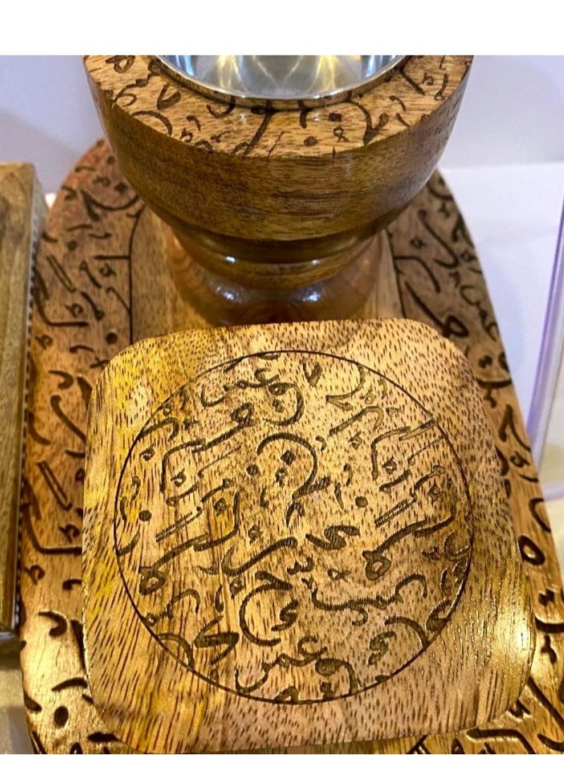 A natural and elegant wooden incense burner set decorated with Arabic and Islamic engravings, ornaments, and letters. It consists of (3 pieces), including an incense box, size 23 cm x 13 cm x 12 cm.  - Image 3
