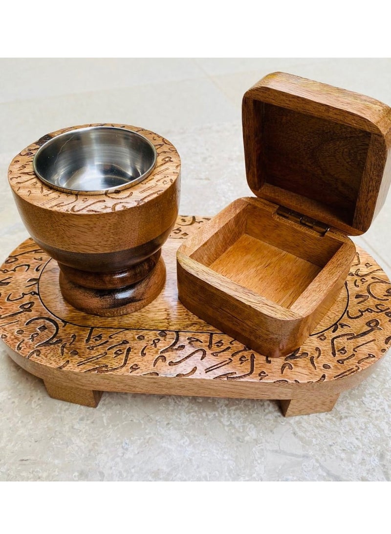 A natural and elegant wooden incense burner set decorated with Arabic and Islamic engravings, ornaments, and letters. It consists of (3 pieces), including an incense box, size 23 cm x 13 cm x 12 cm.  - Image 2
