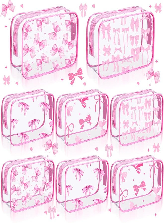 Kacctyen 8 Pcs Coquette Pink Bow Makeup Bags Clear PVC Skincare Cosmetic Bags Waterproof Travel Toiletry Zipper Pouch Coquette Party Favors Gifts for Women Girls Travel Storage Accessories(Bow) - Image 1