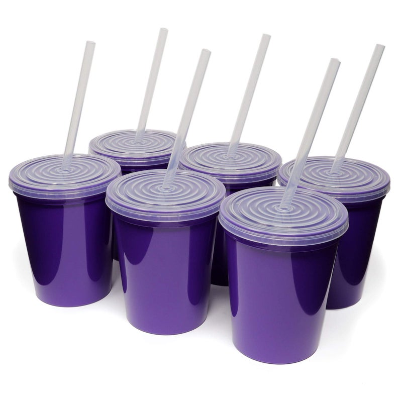 Rolling Sands 16 Oz Reusable Plastic Stadium Cups with Lids 6 Pack USA Made Tumblers and Lids Includes 6 Reusable Straws Dishwasher Safe Purple