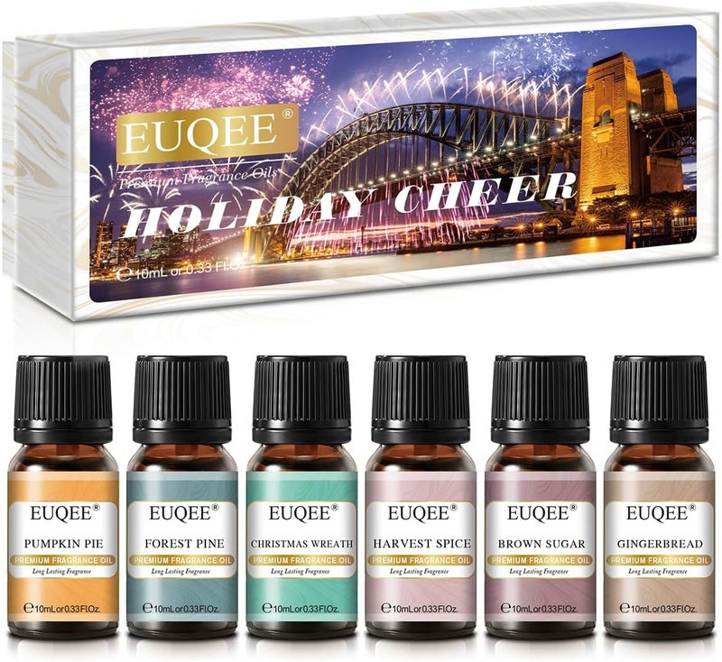 EUQEE Holiday Cheer Premium Fragrance Oils Set of 6 - Forest Pine, Christmas Wreath, Brown Sugar, Harvest Spice, Gingerbread, Pumpkin Pie - Scented Oils for Diffuser, Candle Making (10ml) - Image 1
