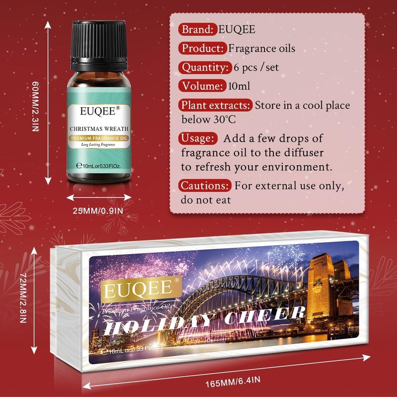 EUQEE Holiday Cheer Premium Fragrance Oils Set of 6 - Forest Pine, Christmas Wreath, Brown Sugar, Harvest Spice, Gingerbread, Pumpkin Pie - Scented Oils for Diffuser, Candle Making (10ml) - Image 2