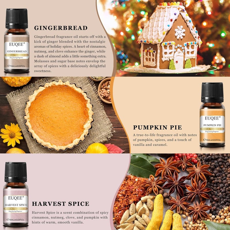 EUQEE Holiday Cheer Premium Fragrance Oils Set of 6 - Forest Pine, Christmas Wreath, Brown Sugar, Harvest Spice, Gingerbread, Pumpkin Pie - Scented Oils for Diffuser, Candle Making (10ml) - Image 4