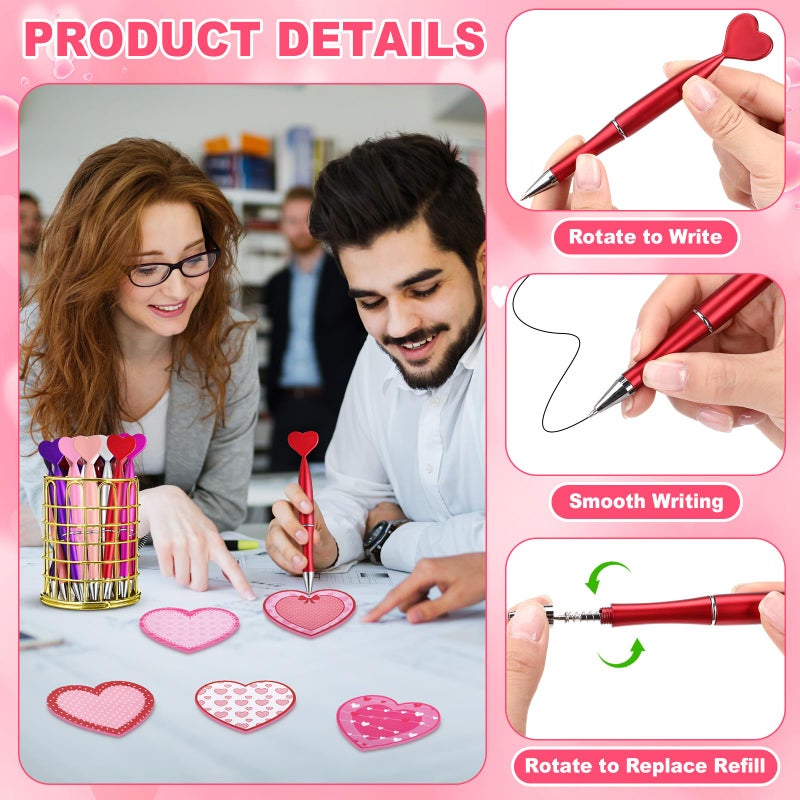 Fullhawl 108 Pcs Valentine's Day Pens and Sticky Notes Set, Bulk Heart Retractable Ballpoint Pens with Sticky Notes & Organza Gift Bags, Classroom Exchange Party Favors for Students Coworkers Office - Image 4