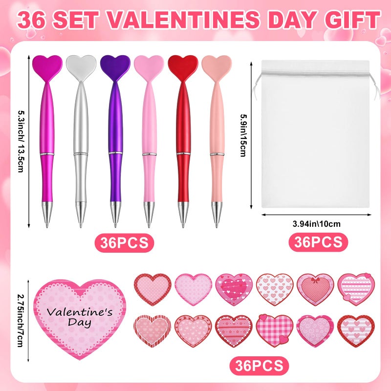 Fullhawl 108 Pcs Valentine's Day Pens and Sticky Notes Set, Bulk Heart Retractable Ballpoint Pens with Sticky Notes & Organza Gift Bags, Classroom Exchange Party Favors for Students Coworkers Office - Image 2