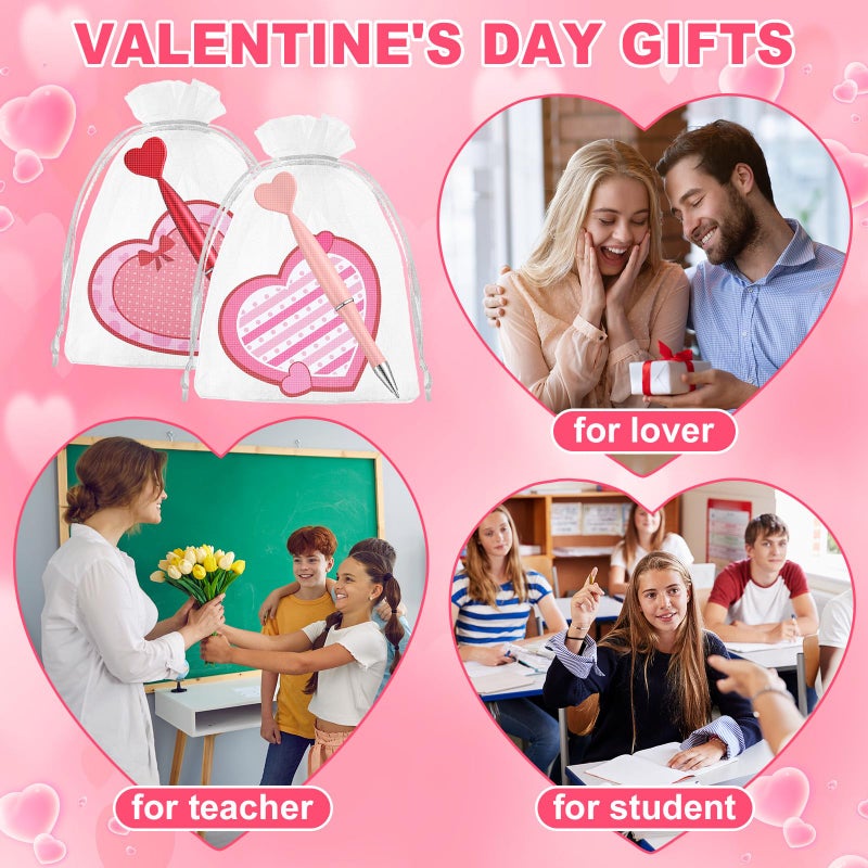 Fullhawl 108 Pcs Valentine's Day Pens and Sticky Notes Set, Bulk Heart Retractable Ballpoint Pens with Sticky Notes & Organza Gift Bags, Classroom Exchange Party Favors for Students Coworkers Office - Image 5