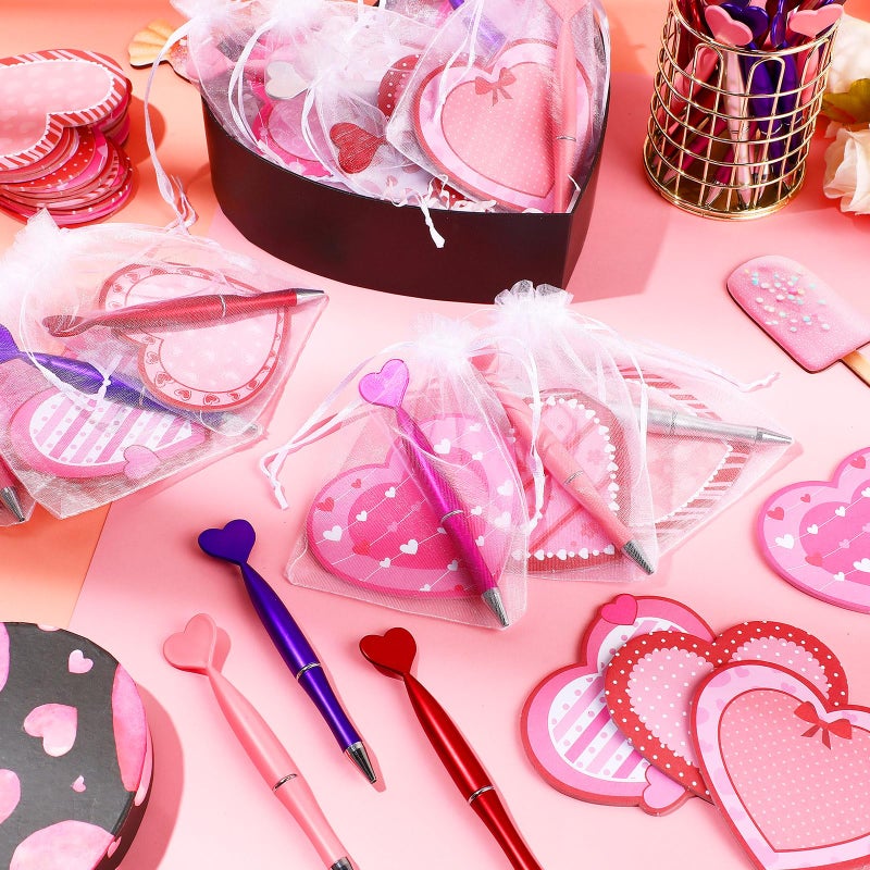 Fullhawl 108 Pcs Valentine's Day Pens and Sticky Notes Set, Bulk Heart Retractable Ballpoint Pens with Sticky Notes & Organza Gift Bags, Classroom Exchange Party Favors for Students Coworkers Office - Image 3