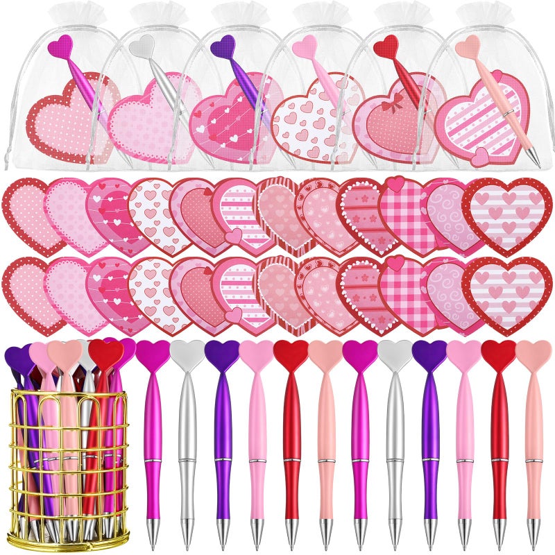 Fullhawl 108 Pcs Valentine's Day Pens and Sticky Notes Set, Bulk Heart Retractable Ballpoint Pens with Sticky Notes & Organza Gift Bags, Classroom Exchange Party Favors for Students Coworkers Office - Image 1