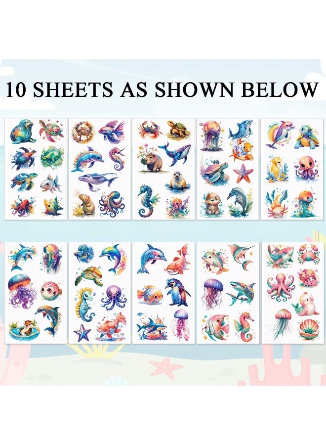 HANNEA® 10 Pcs Marine-Themed Temporary Tattoos Stickers for Kids, Waterproof Colorful Cute Fake Tattoos Set, Easy to Apply & Remove, Decorative Tattoos for Arm Face Hands - Image 5