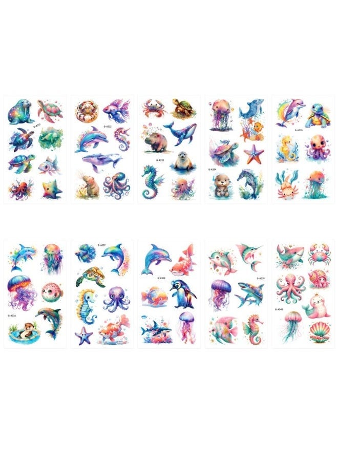 HANNEA® 10 Pcs Marine-Themed Temporary Tattoos Stickers for Kids, Waterproof Colorful Cute Fake Tattoos Set, Easy to Apply & Remove, Decorative Tattoos for Arm Face Hands - Image 1