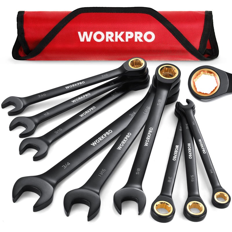 WORKPRO 9-Piece Anti-Slip Ratcheting Combination Wrench Set, SAE 1/4"-3/4", 72-Teeth, Cr-V Constructed, Black Ratchet Wrenches Set with Roll Up Pouch - Image 1