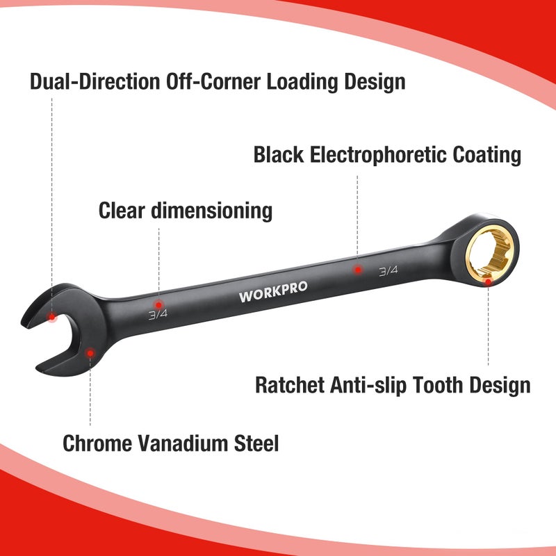 WORKPRO 9-Piece Anti-Slip Ratcheting Combination Wrench Set, SAE 1/4"-3/4", 72-Teeth, Cr-V Constructed, Black Ratchet Wrenches Set with Roll Up Pouch - Image 4