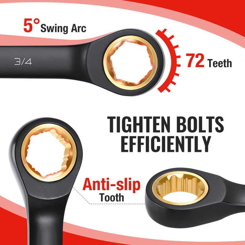 WORKPRO 9-Piece Anti-Slip Ratcheting Combination Wrench Set, SAE 1/4"-3/4", 72-Teeth, Cr-V Constructed, Black Ratchet Wrenches Set with Roll Up Pouch - Image 3