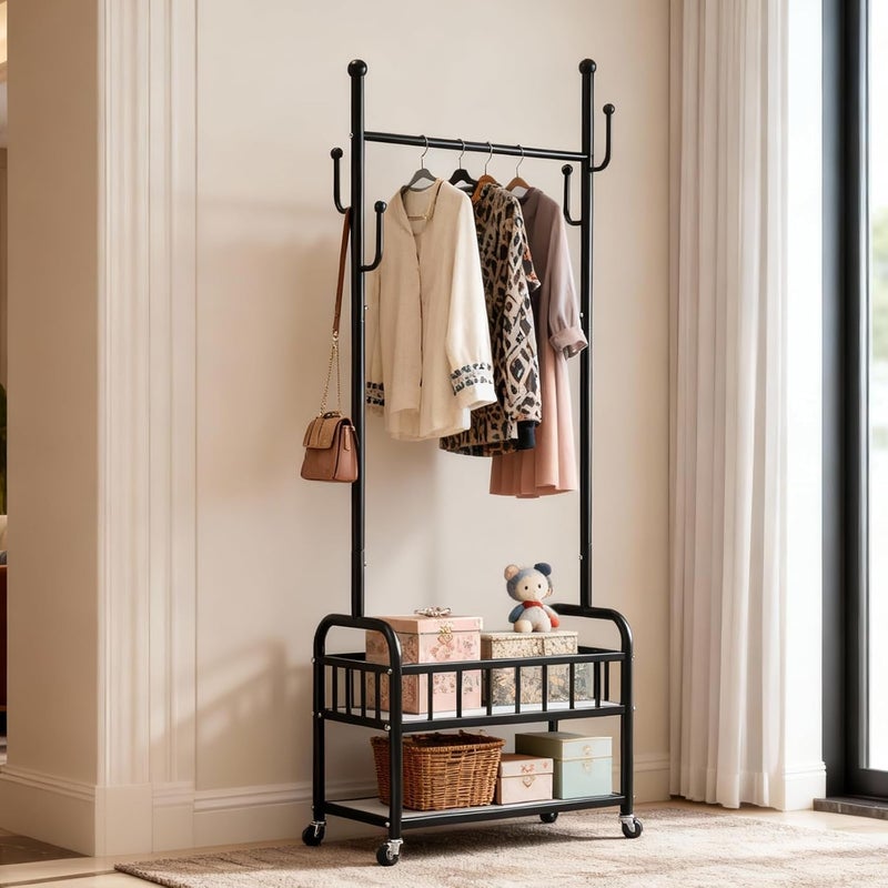 LINJIE Clothing Rack with Wheels, Rolling Freestanding Garment Clothing Racks in Wheels for Hanging Clothes, علاقة ملابس متحركة, Narrow Sturdy Coat Rack with Metal Basket and Shoe Storage. - Image 1