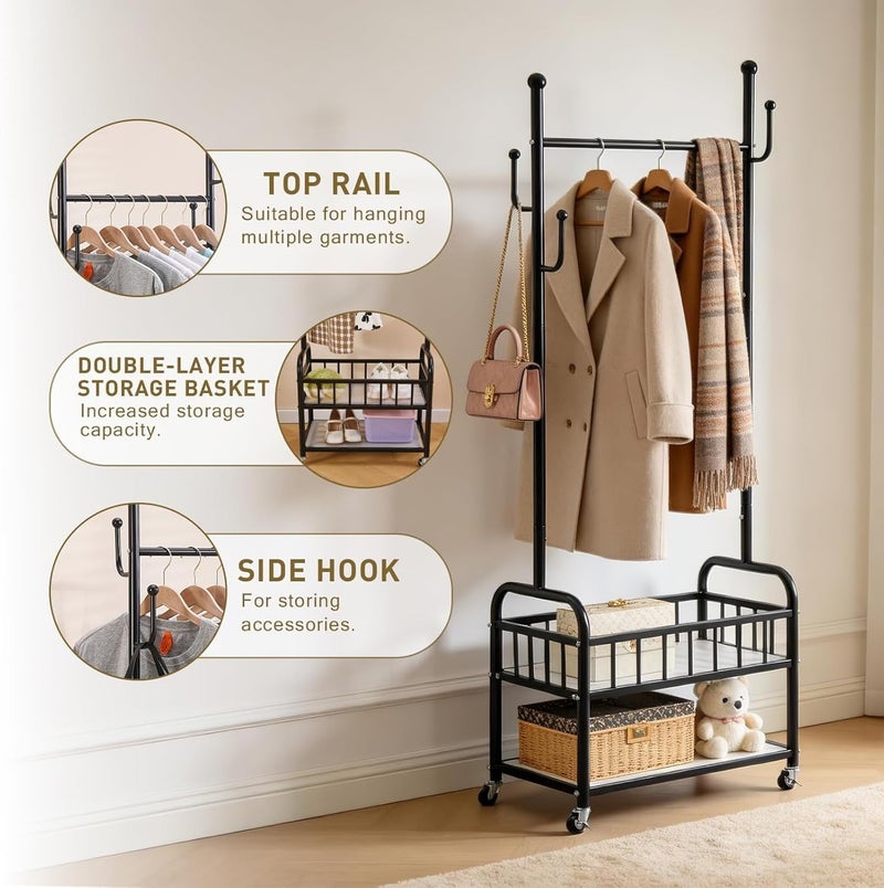 LINJIE Clothing Rack with Wheels, Rolling Freestanding Garment Clothing Racks in Wheels for Hanging Clothes, علاقة ملابس متحركة, Narrow Sturdy Coat Rack with Metal Basket and Shoe Storage. - Image 3