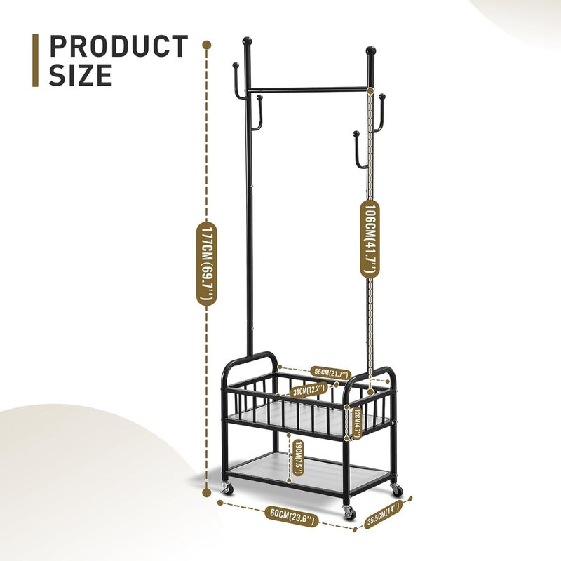 LINJIE Clothing Rack with Wheels, Rolling Freestanding Garment Clothing Racks in Wheels for Hanging Clothes, علاقة ملابس متحركة, Narrow Sturdy Coat Rack with Metal Basket and Shoe Storage. - Image 2