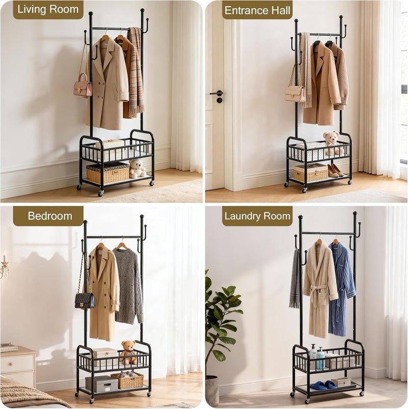 LINJIE Clothing Rack with Wheels, Rolling Freestanding Garment Clothing Racks in Wheels for Hanging Clothes, علاقة ملابس متحركة, Narrow Sturdy Coat Rack with Metal Basket and Shoe Storage. - Image 5