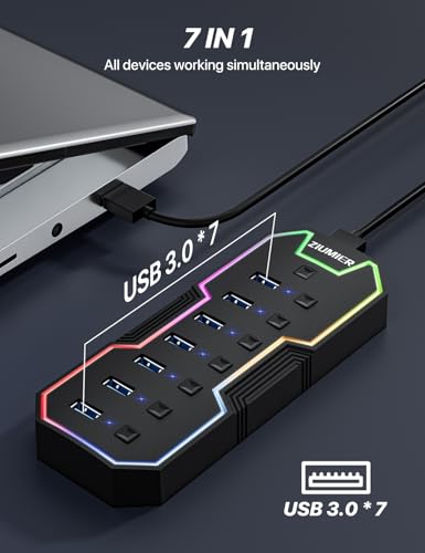 ZIUMIER USB 3.0 Hub,7 Ports USB Expander with RGB LED Strip,USB Hub for Laptop,Individual LED On/Off Switches for Mac, PC, Desktop, Flash Drive, Mobile HDD - Image 4