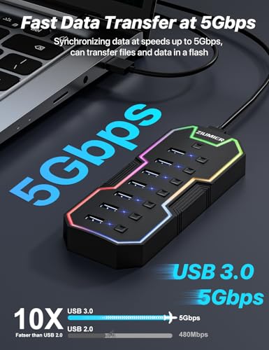 ZIUMIER USB 3.0 Hub,7 Ports USB Expander with RGB LED Strip,USB Hub for Laptop,Individual LED On/Off Switches for Mac, PC, Desktop, Flash Drive, Mobile HDD - Image 2