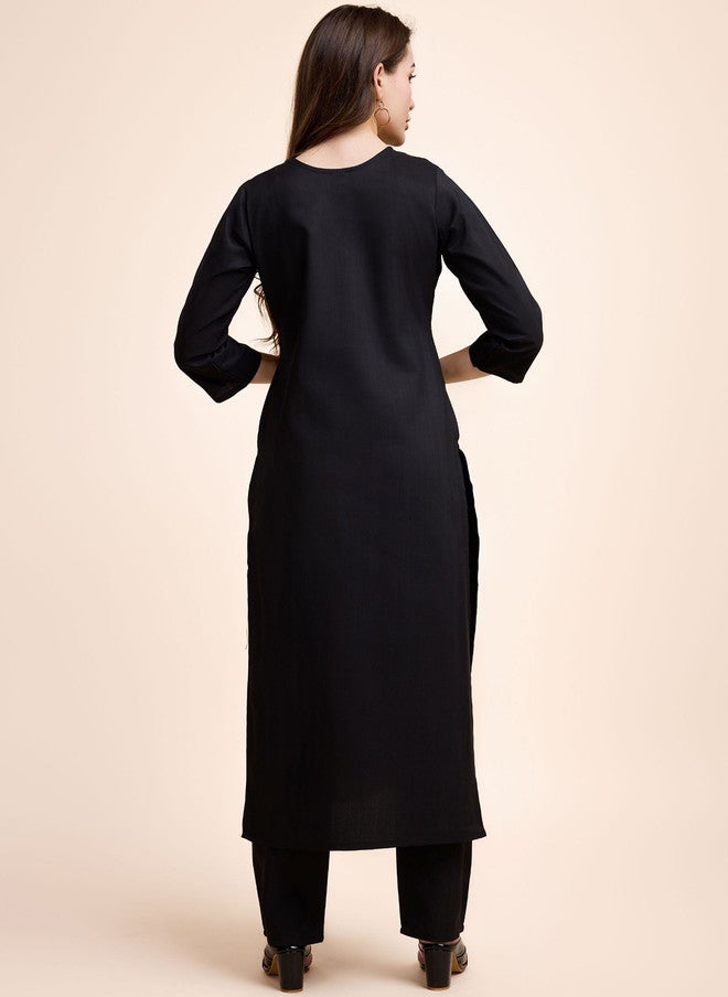 Women Basket Women Bandhani Solid Black Kurta with Trousers - Calf Length, Three-Quarter Sleeves - Image 4